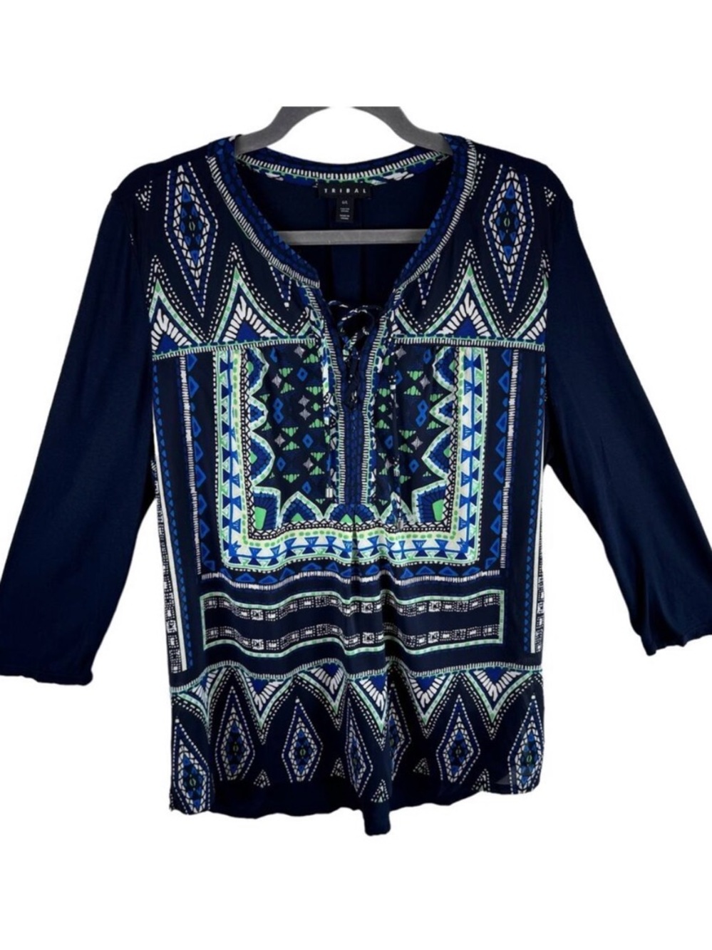 Tribal Blue Geometric 3/4 Sleeve Lightweight Stretchy Pullover Blouse‎ Size 6L